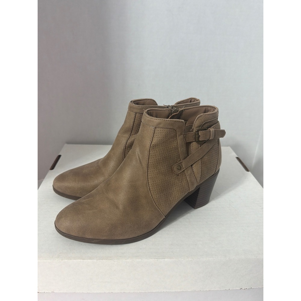 Kim Rogers Octavia Taupe Perforated Buckle Ankle Boots Block Heel Brown 9M